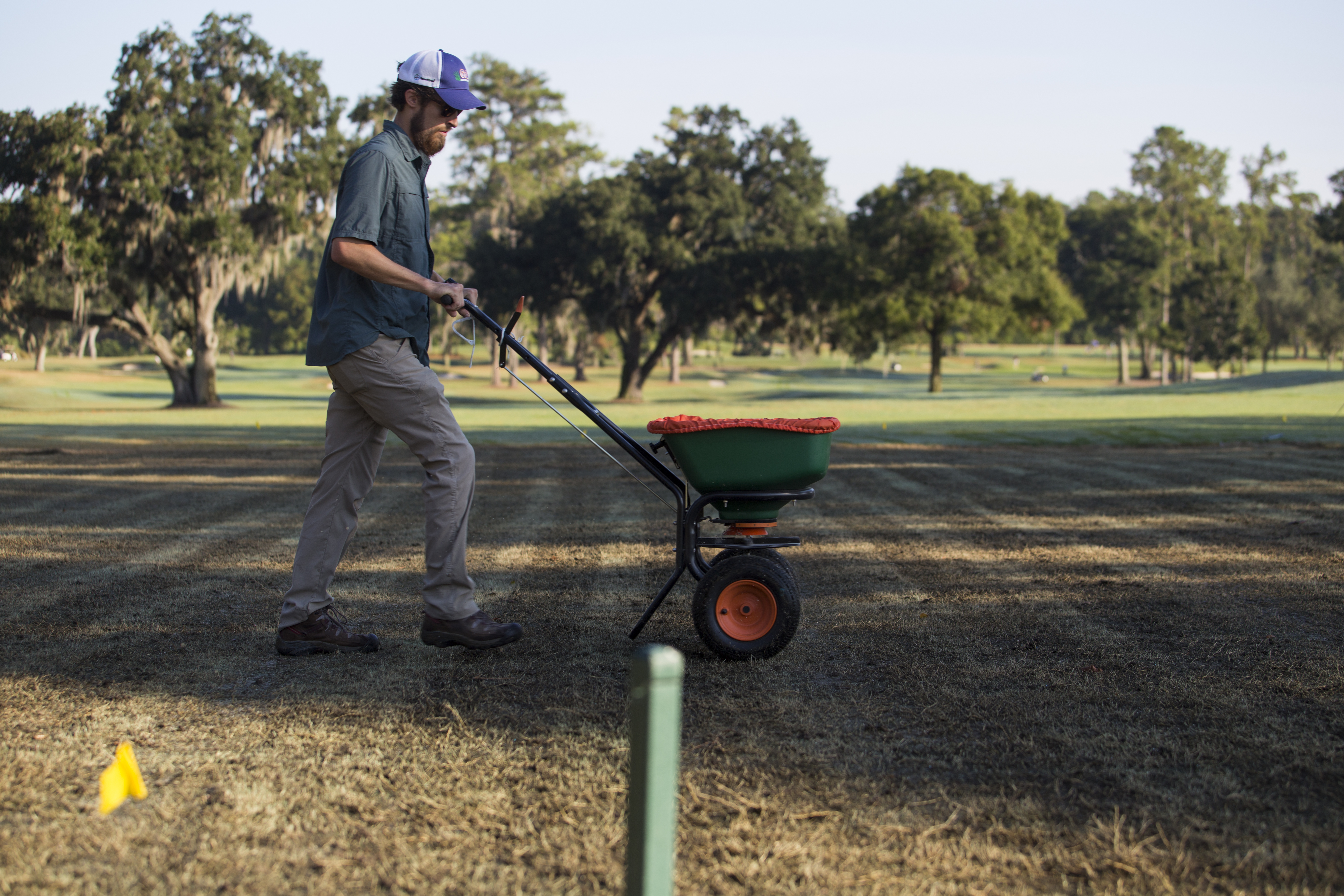Adam Dale spreading wildflower seeds