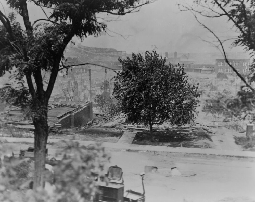 The rubble of houses in Tulsa's African American neighborhood of Greenwood following the race riot of 1921.