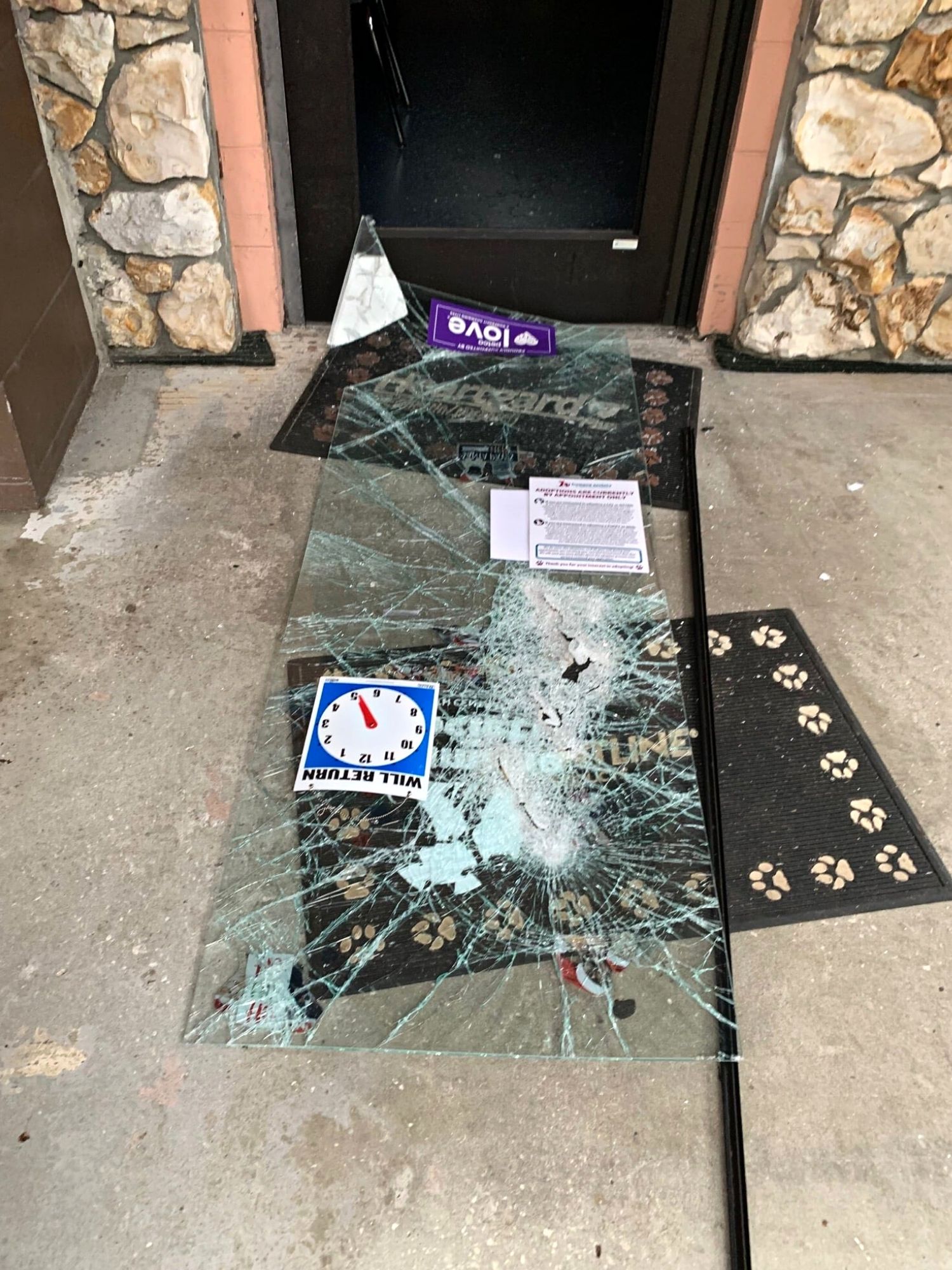 Shattered door at Humane Society of North Central Florida break-in