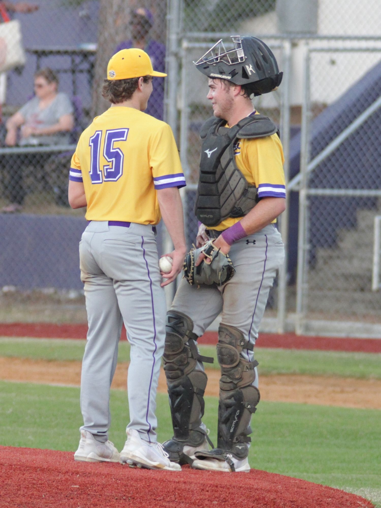 Columbia's Truitt Todd and catcher Chandler Howard chat at mound