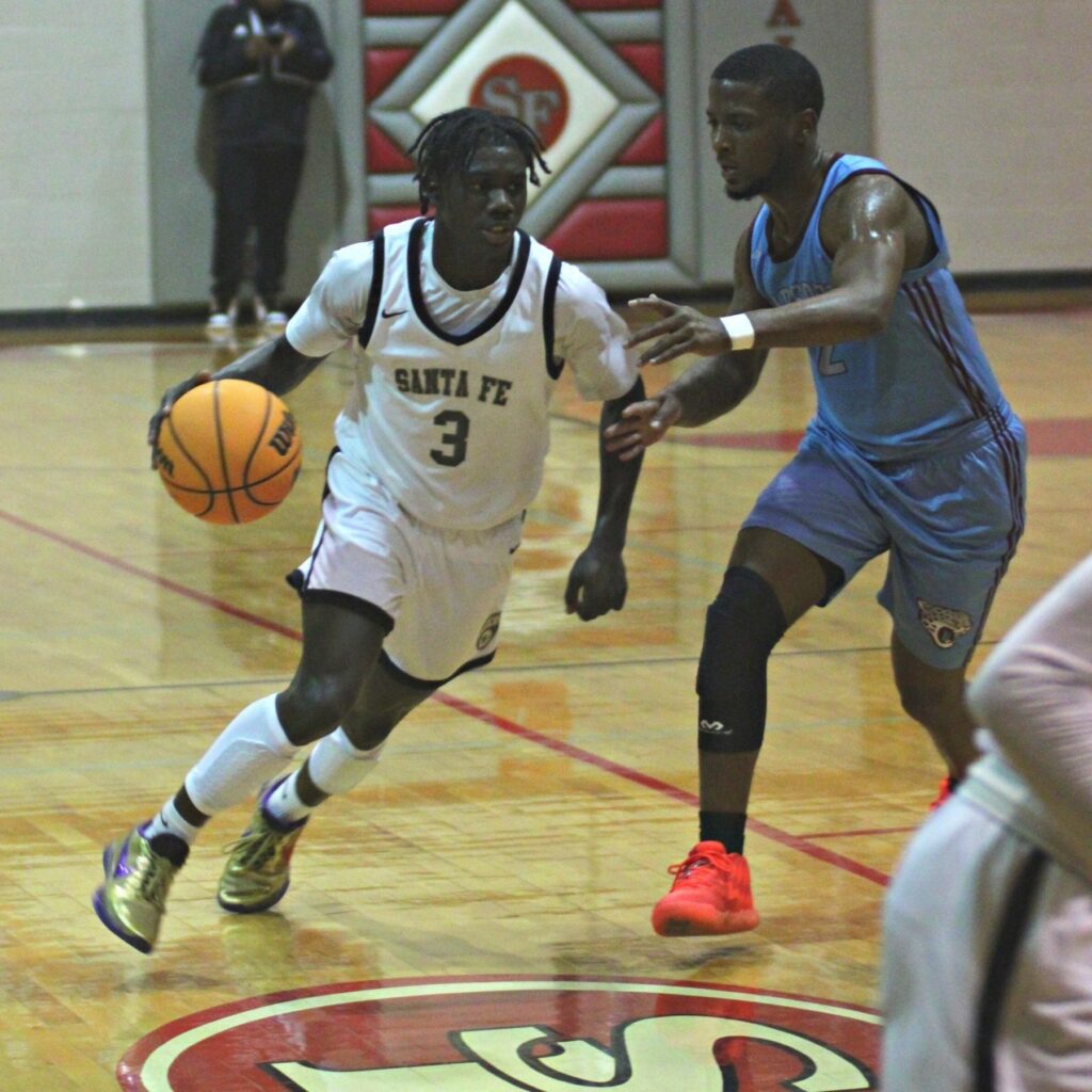 Santa Fe's Dontrell Jenkins drives for two of his game-high 18 pointsin the 4A Region 1 quarterfinals against Gadsden County on Thursday in Alachua.