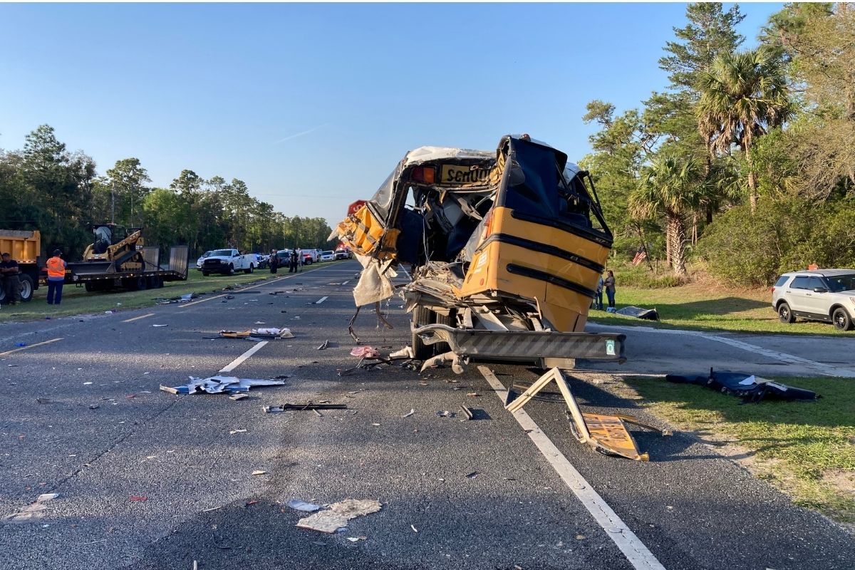 Wrecked back end of Levy County school bus