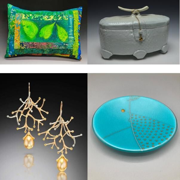 Gold, teardrop earrings and a decorative plate