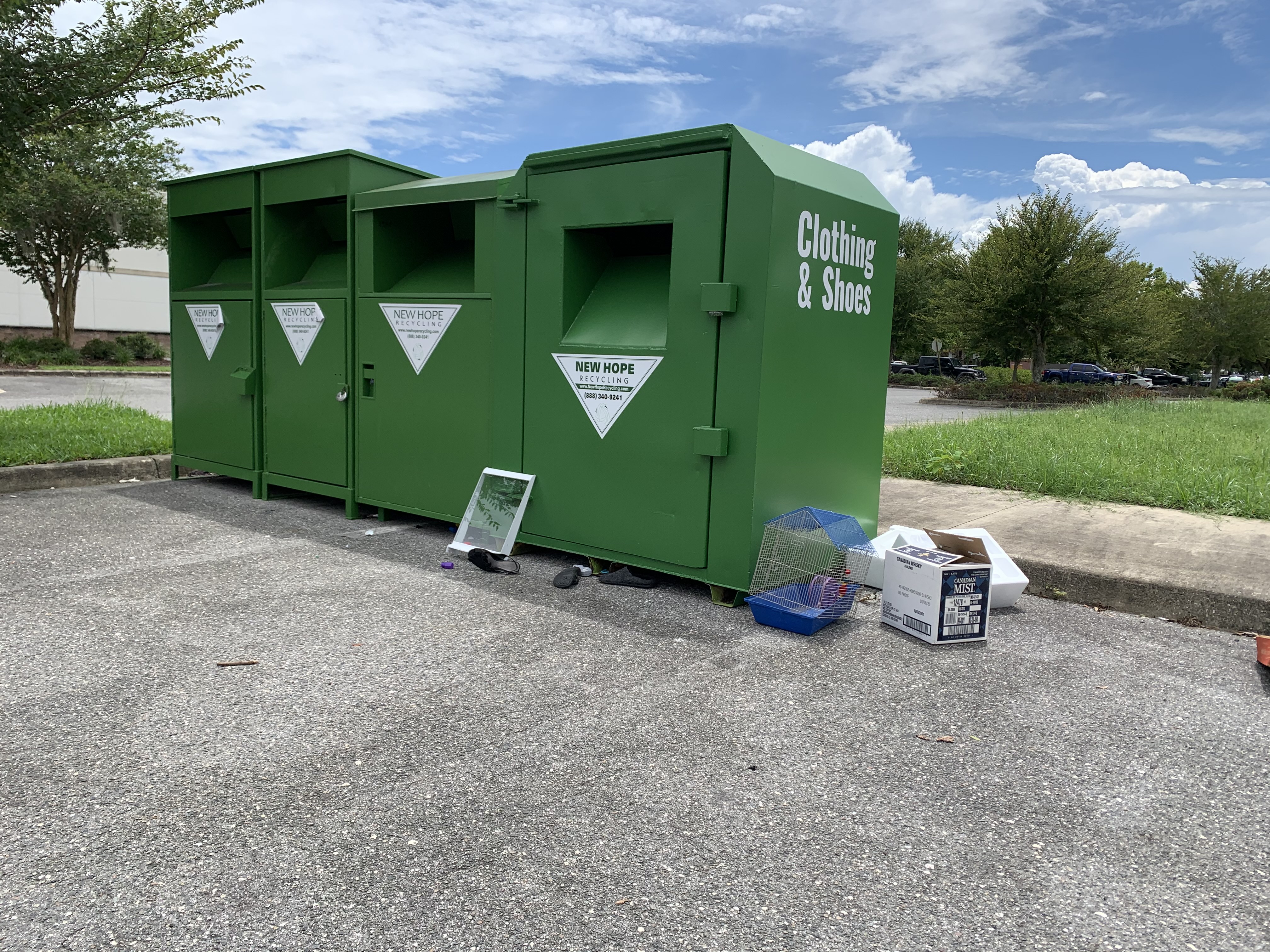 Four donation bins at Steeplechase Plaza