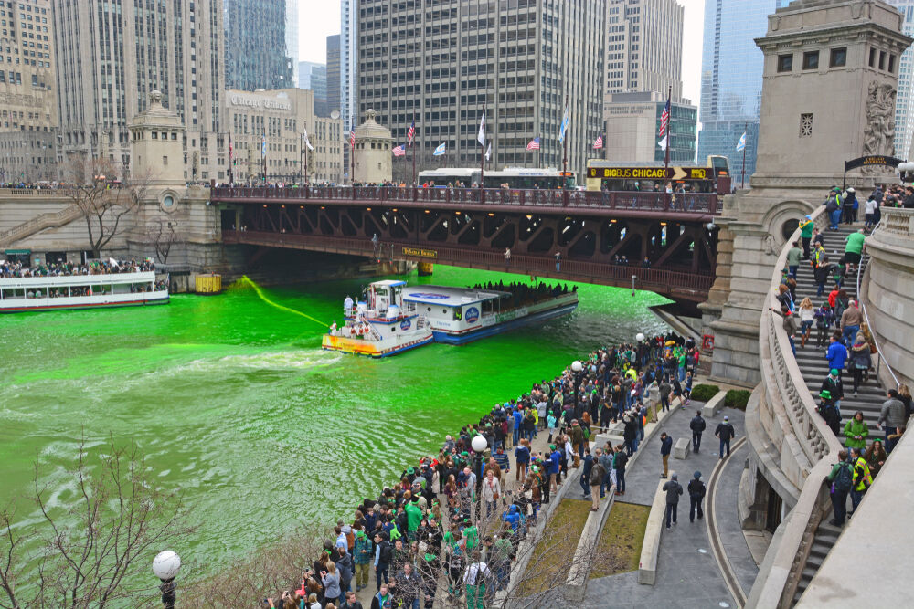 People gather along the Chicago River Walk each year to see the annual tradition of dying the water green for St. Patrick's Day.