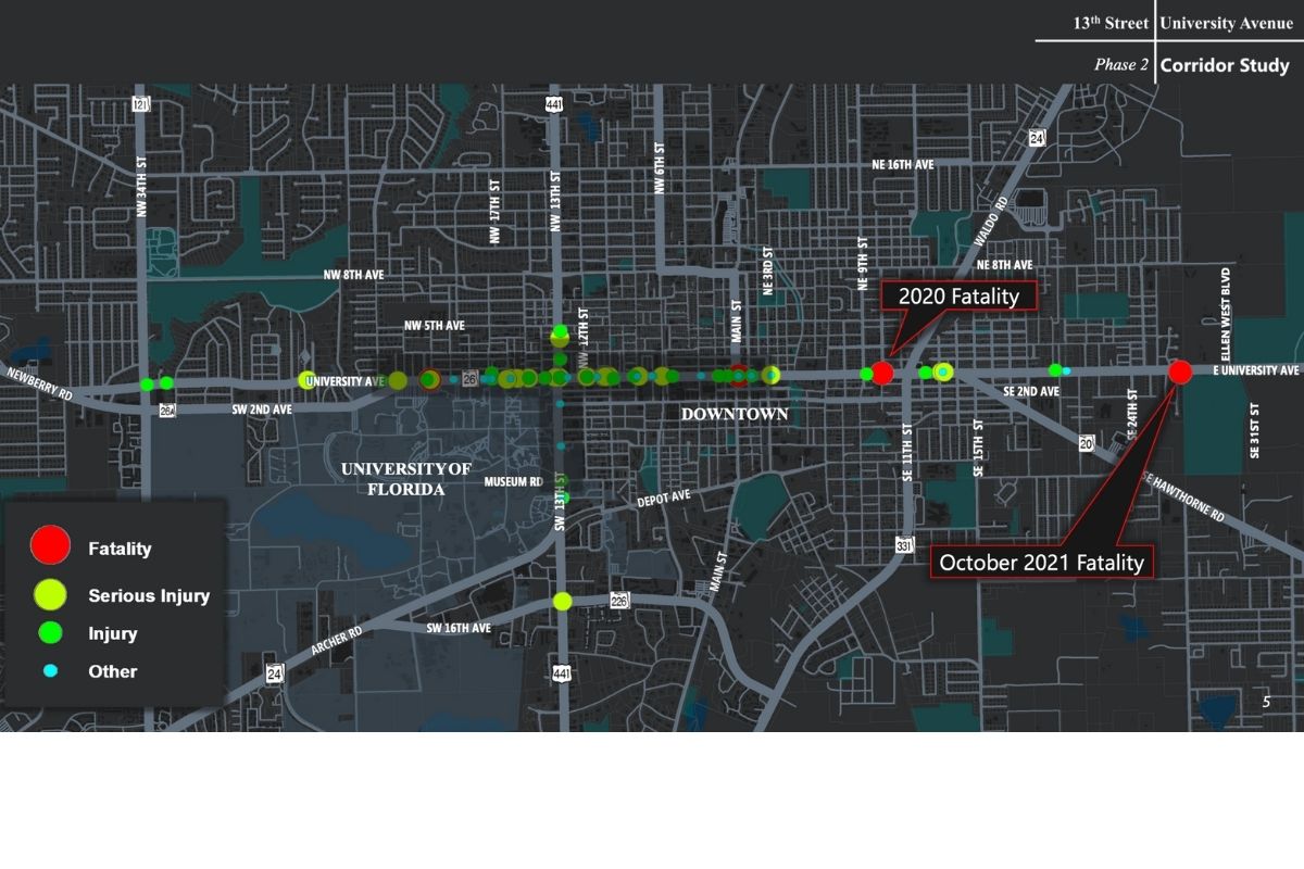 Downtown Gainesville accidents plotted on map