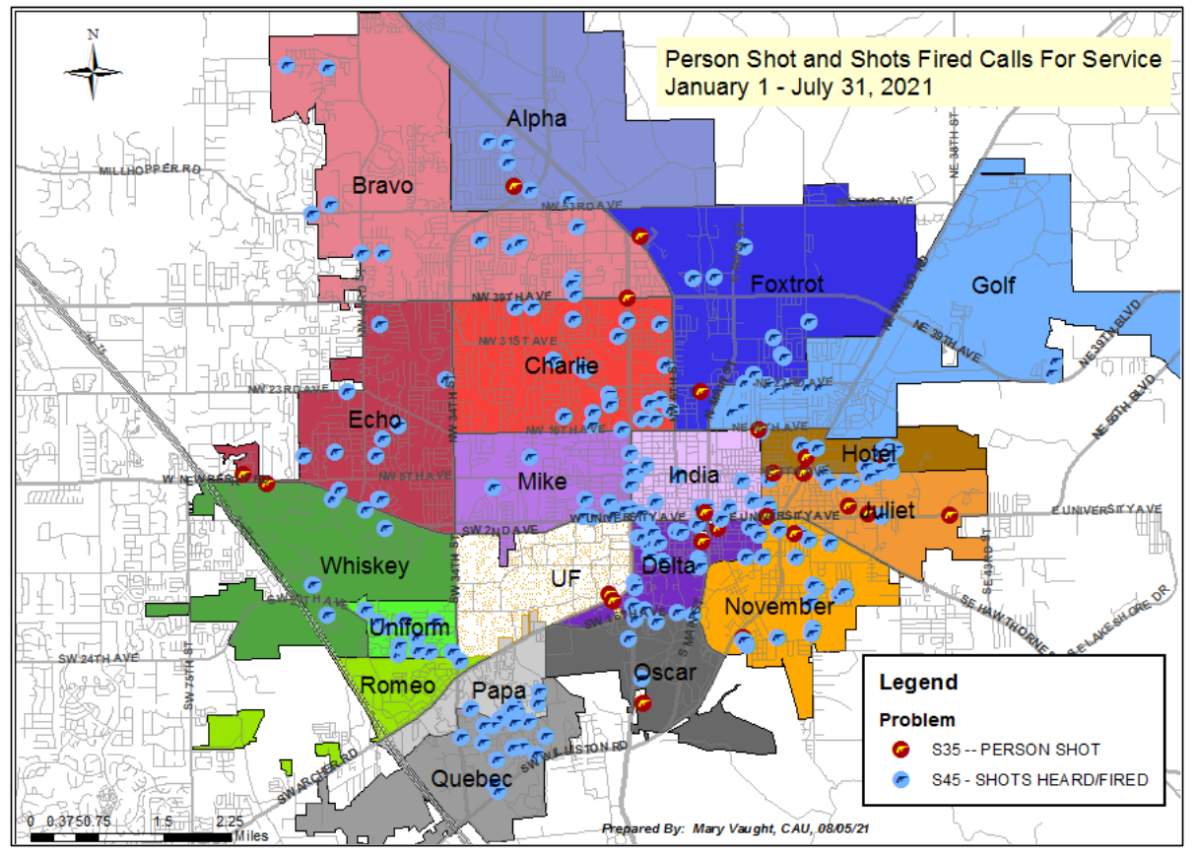 GPD graphic of shootings from January 1 through July 31, 2021