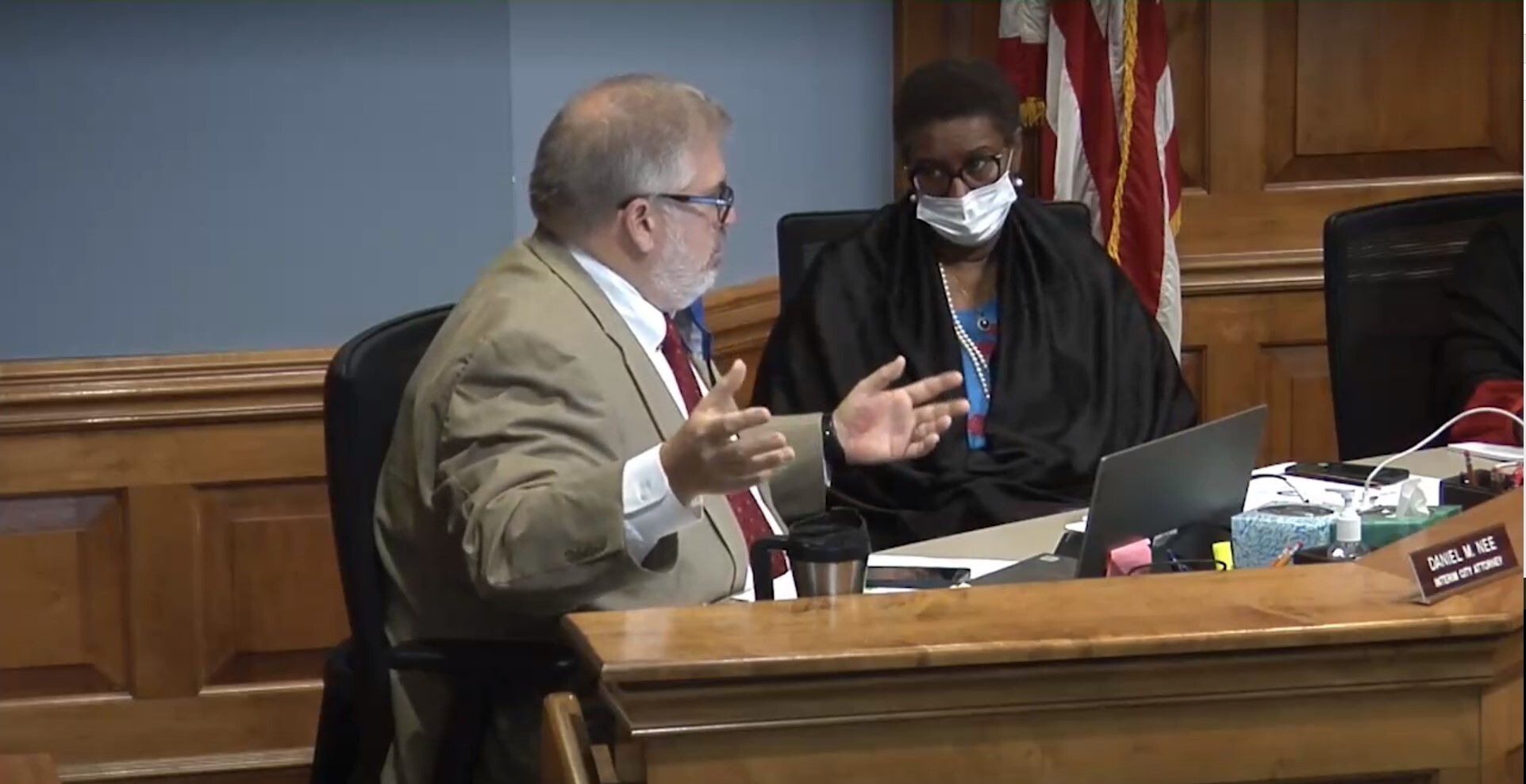 Interim City Attorney Daniel Nee and interim City Manager Cynthia Curry