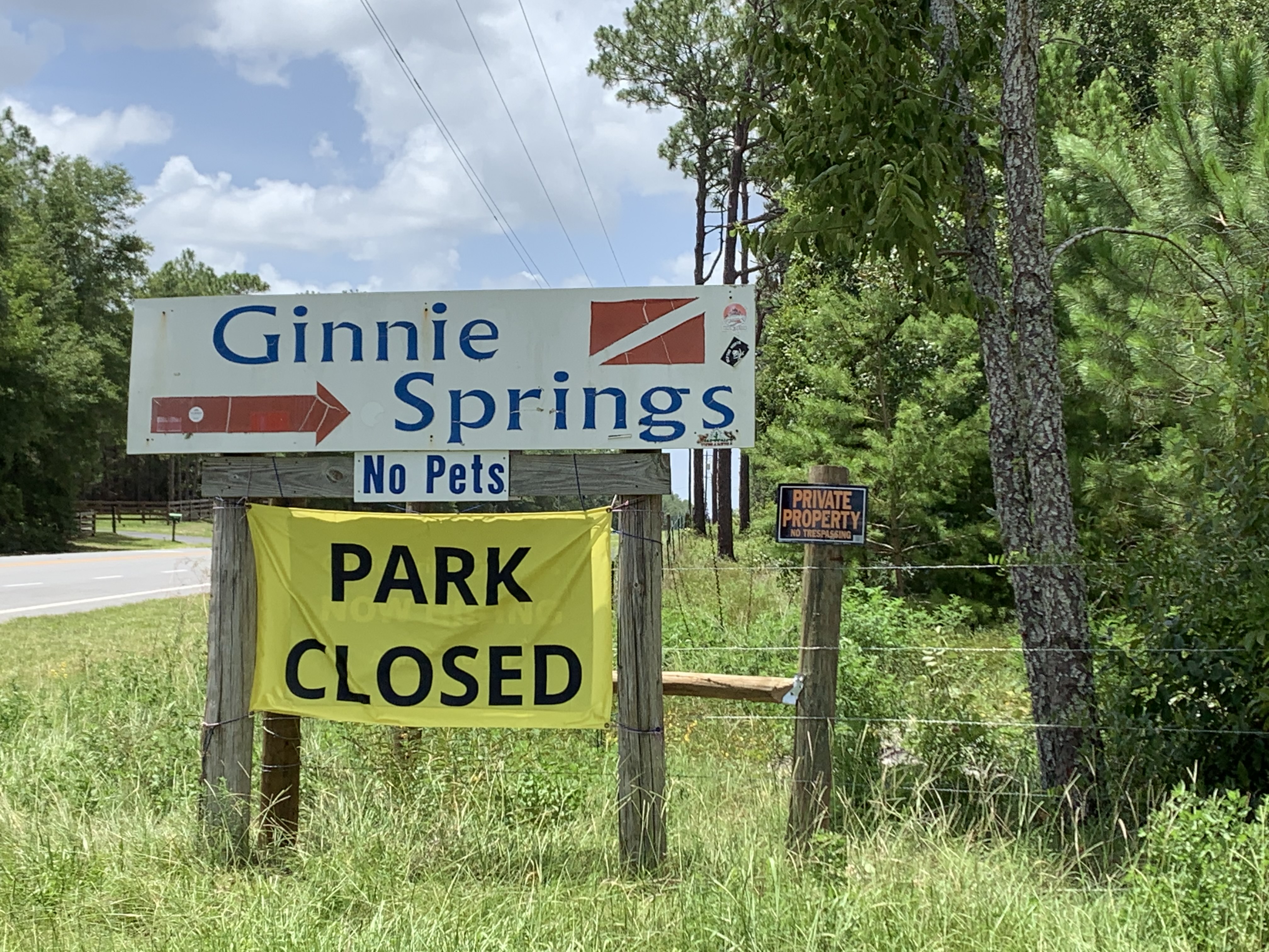 Closed sign at Ginnie Springs after Tropical Storm Elsa flooding