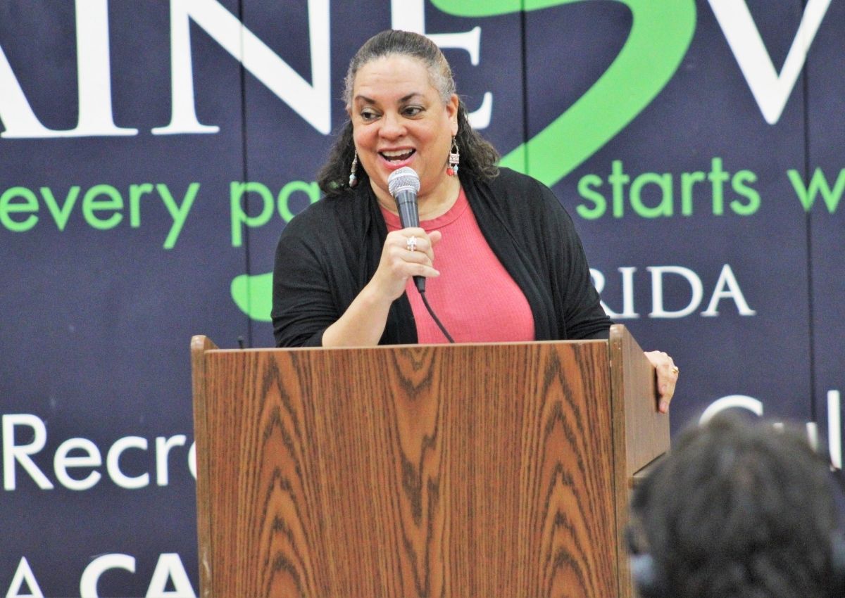 Michelle Duster gives the keynote speech at the historical marker ceremony.