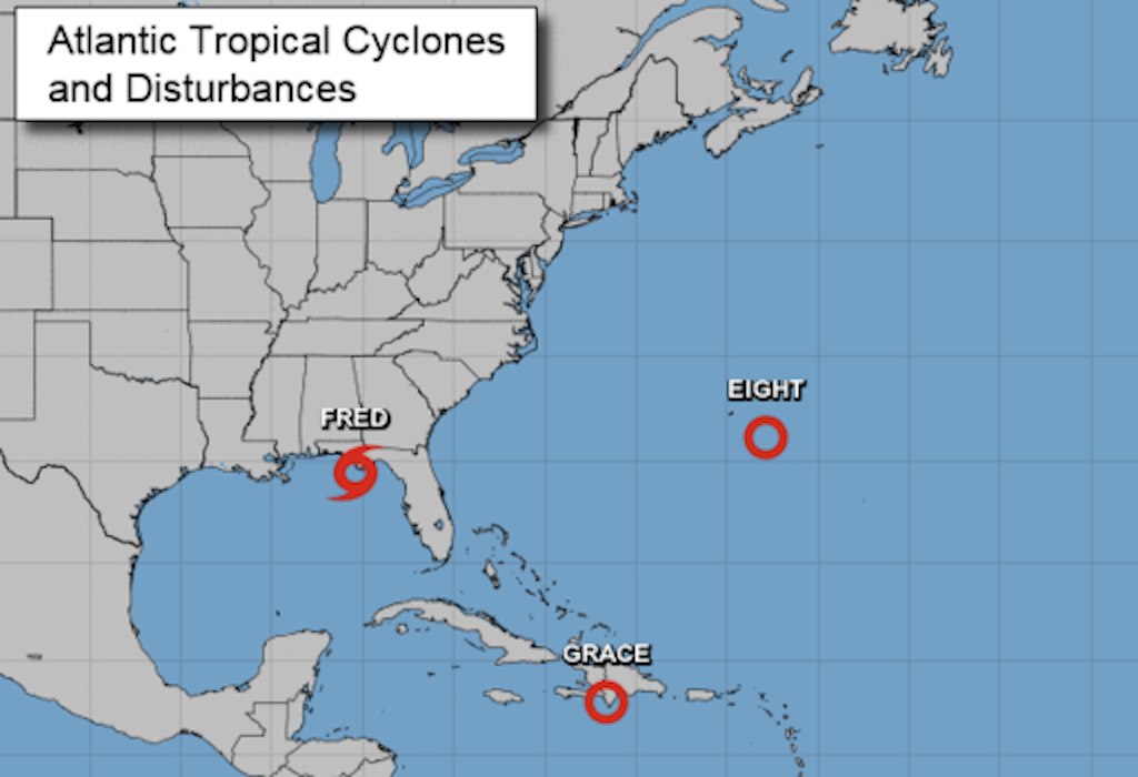 Map showing three storms in the Atlantic and Gulf of Mexico region