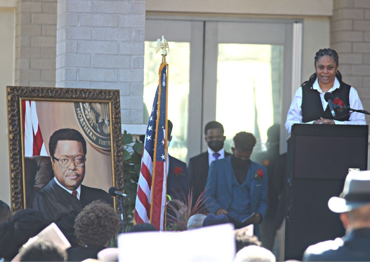 Amy Mickle talks at the AC Courthouse renaming