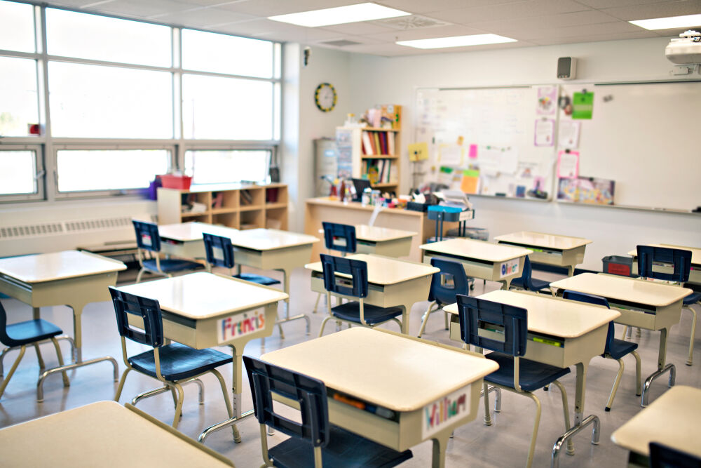 Empty classroom with desks and white board