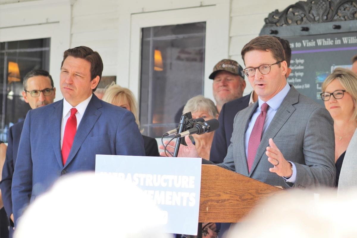 Gov. Ron DeSantis and DOE Secretary Dane Eagle speak at a Williston press conference