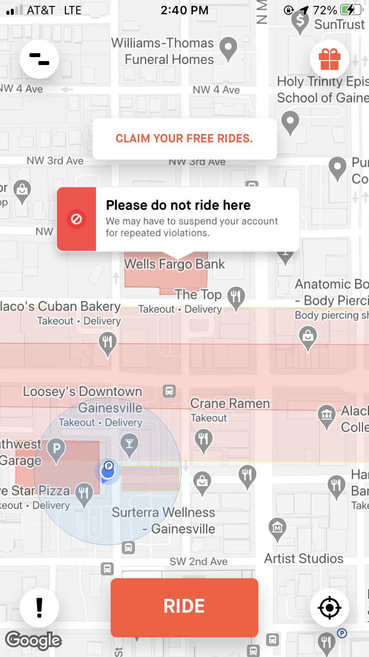 Gainesville map showing areas off limits to scooters