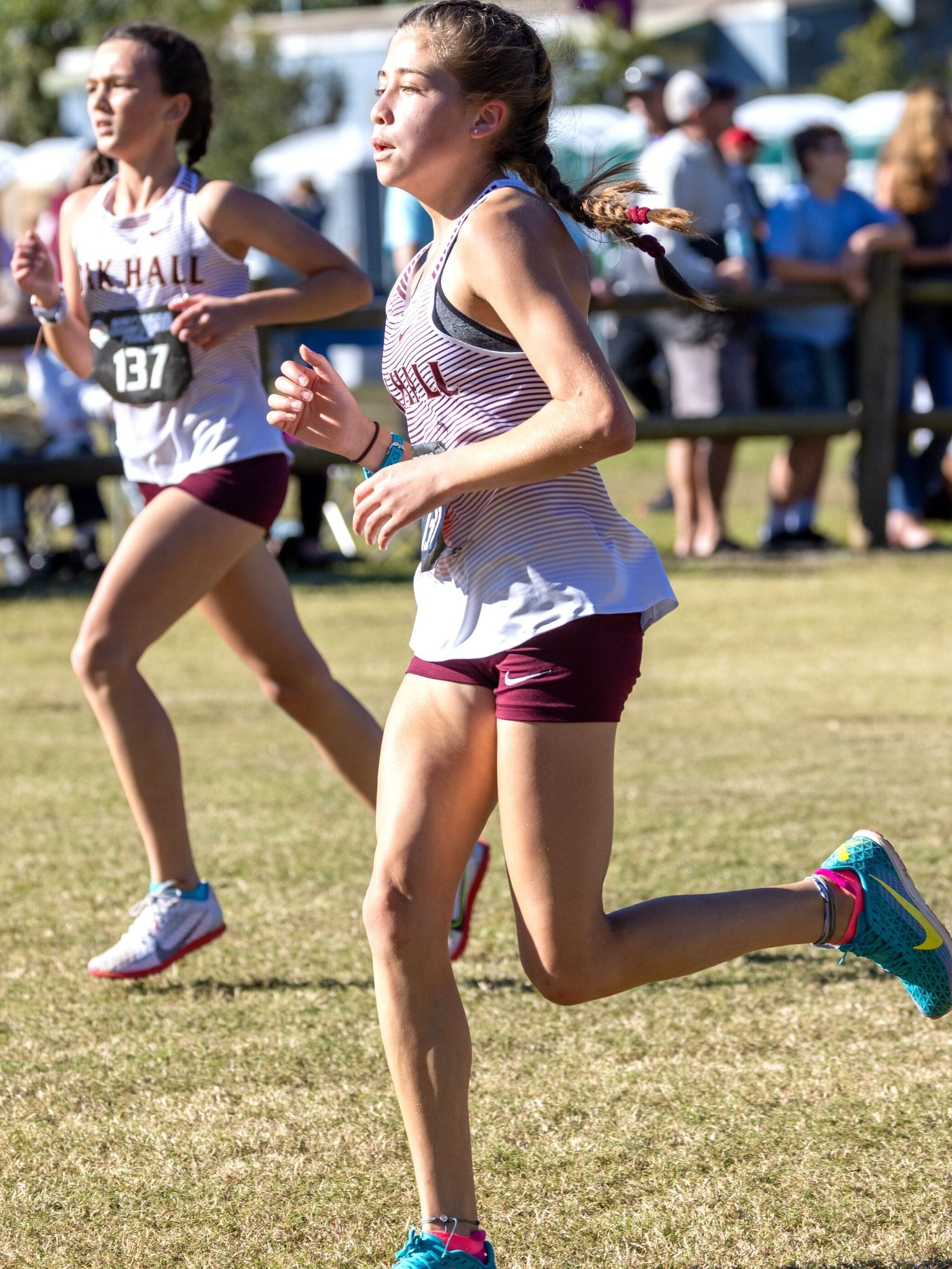 Oak Hall's Lola Murfee and Valeria Beaver at cross country state finals