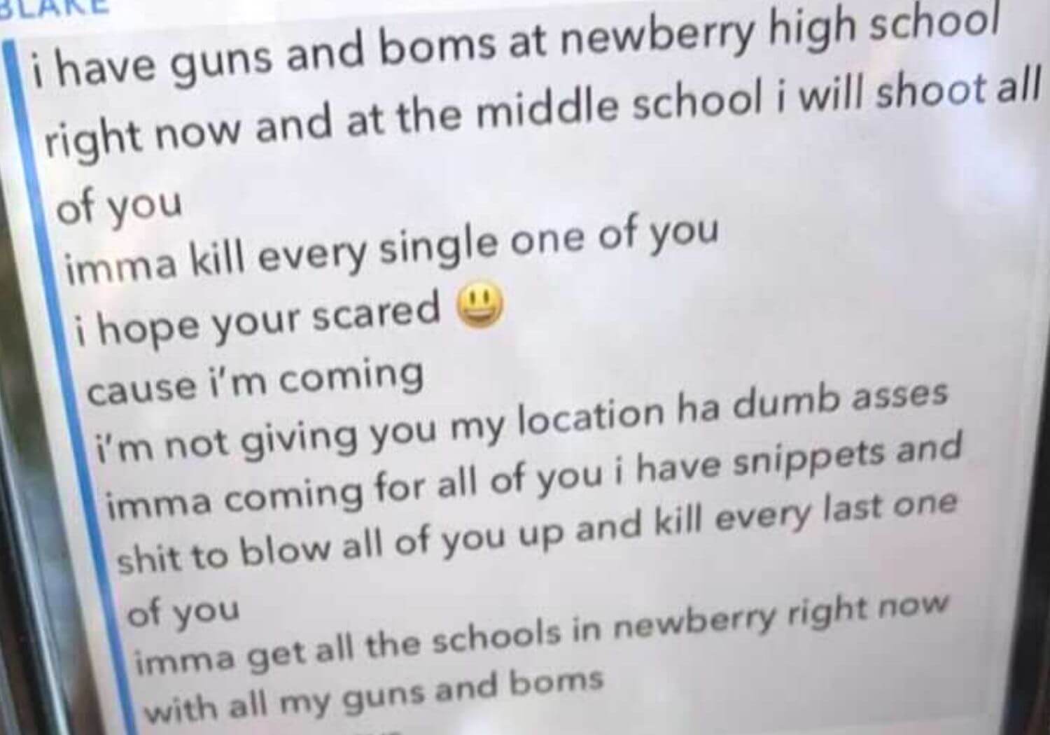 Newberry schools text threat 9-28-21