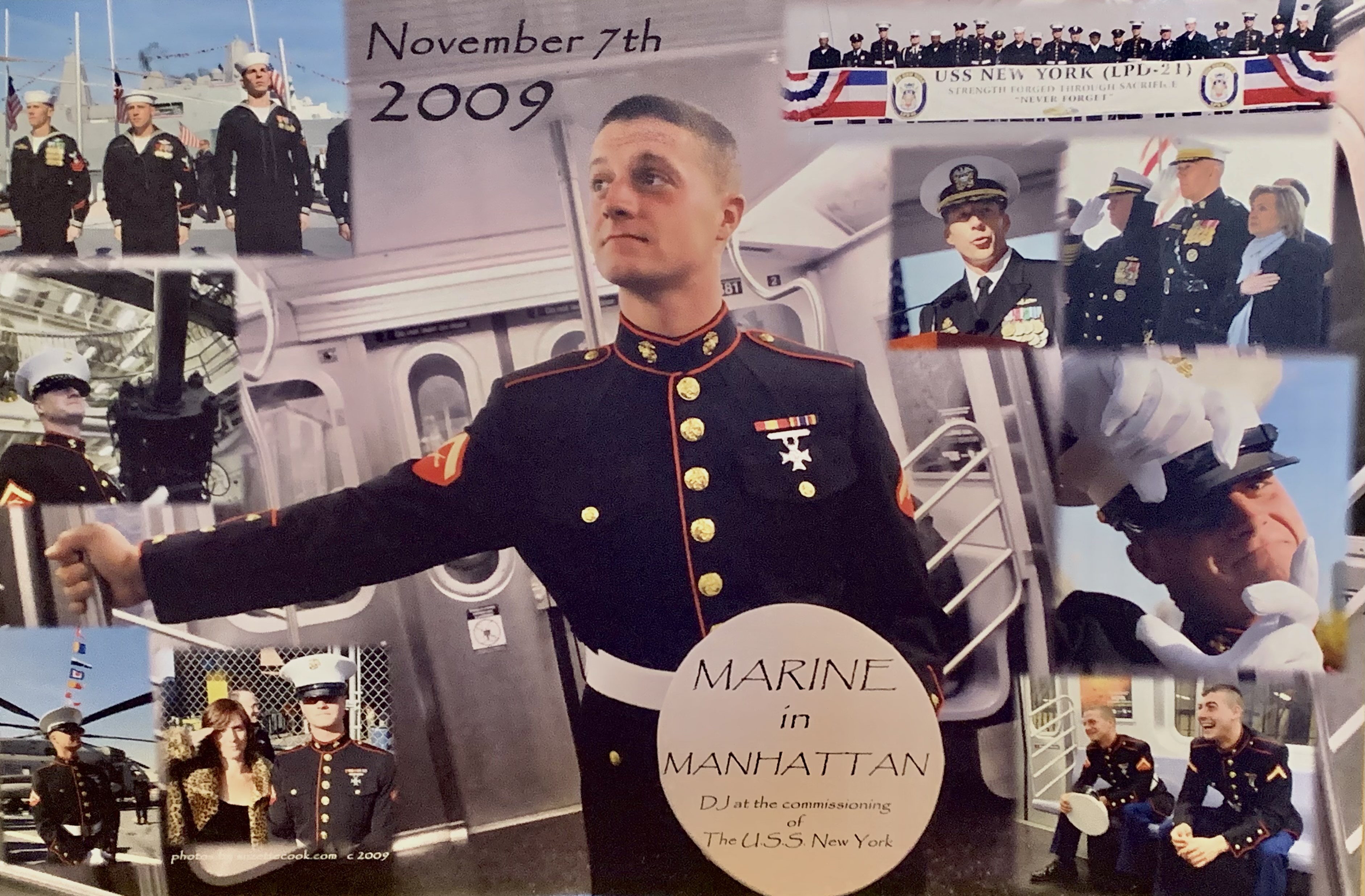 Collage of photos from 2009 commissioning of USS New York