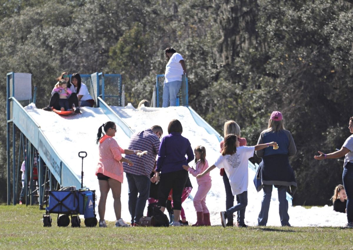 The slide at Kirby Family Farms during the annual Snow Day for the Kimberly Morales Foundation