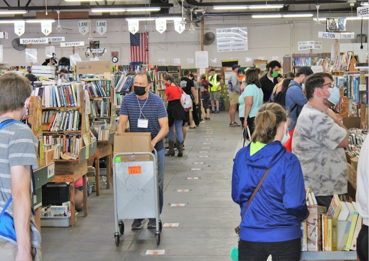 People browsing for books at the FOL Book Sale.