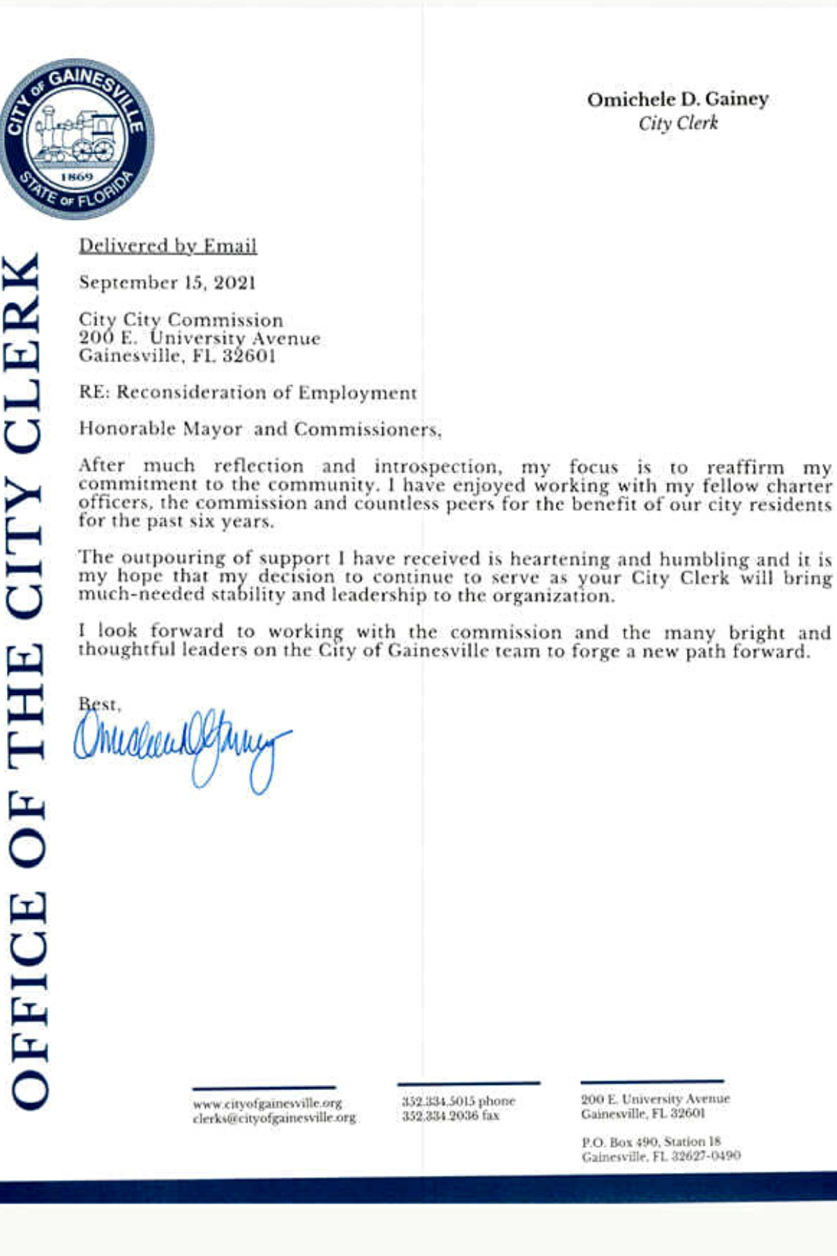 Omichele Gainey letter or reconsideration