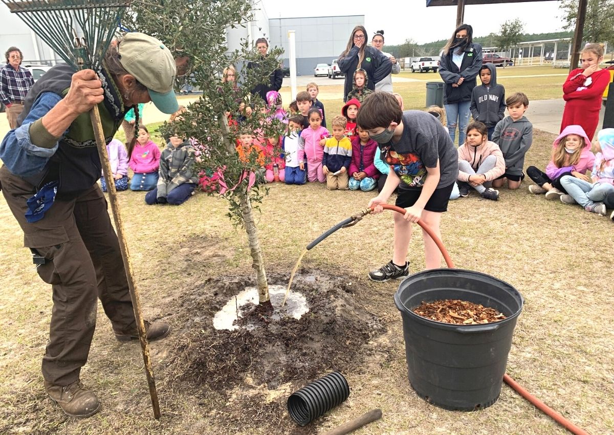 Alachua County arborist Lacy Holtzworth and Shae Dionne, 9, from Newbery Elementary School watering
