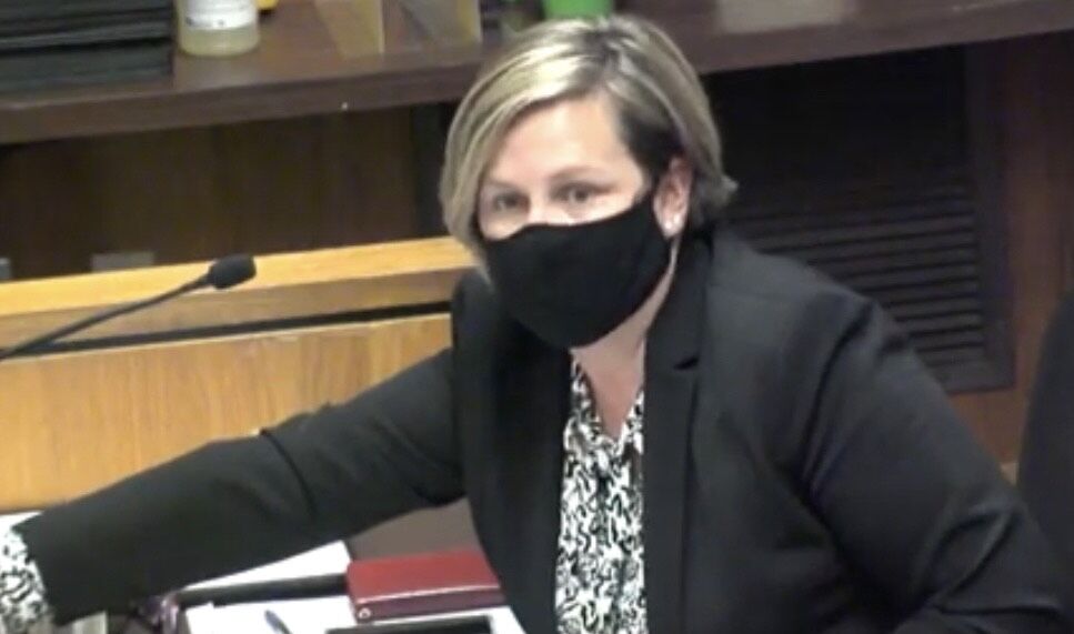 Alachua County Public Schools Superintendent Dr. Carlee Simon at a school board meeting Tuesday night (photo taken via live stream).