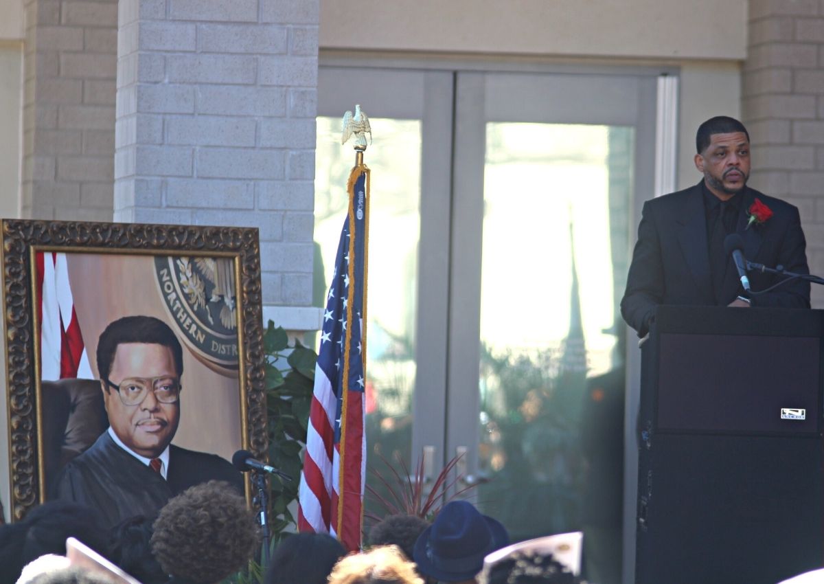 Stephan Mickle II talks at the Alachua County Courthouse renaming ceremony.