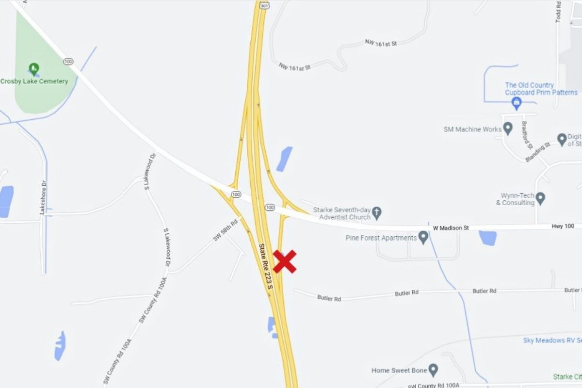 US Highway 301 and State Road 100 exit ramp, Bradford County map