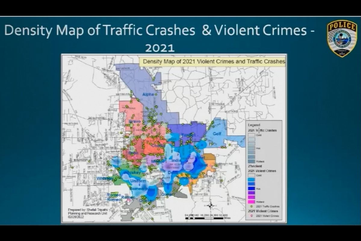 GPD density map of traffic crashes and violent crimes 2021
