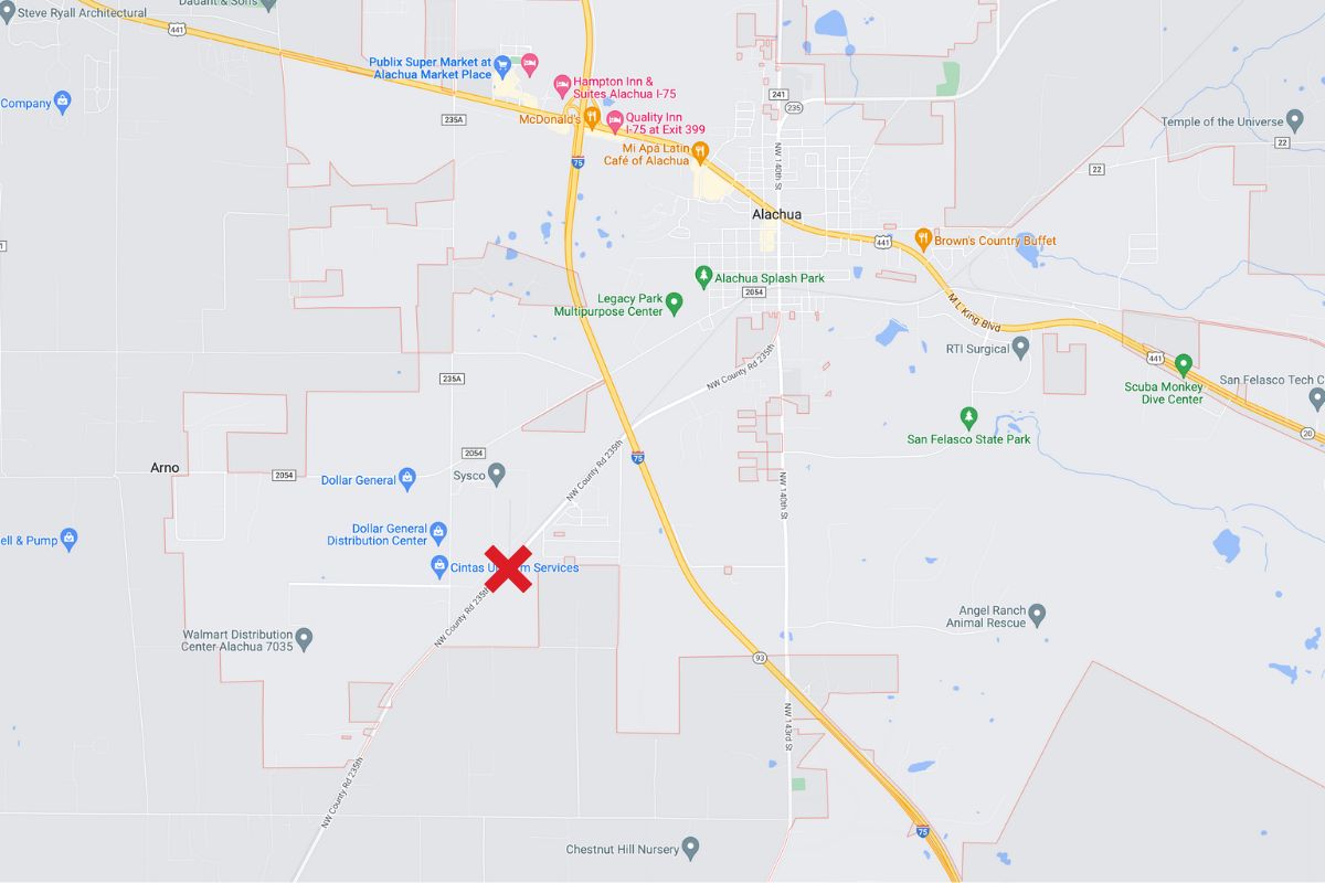 City of Alachua map showing crash site
