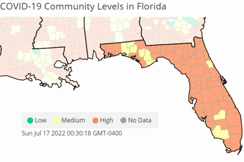 CDC Florida COVID-19 Community Levels map 7-17-22