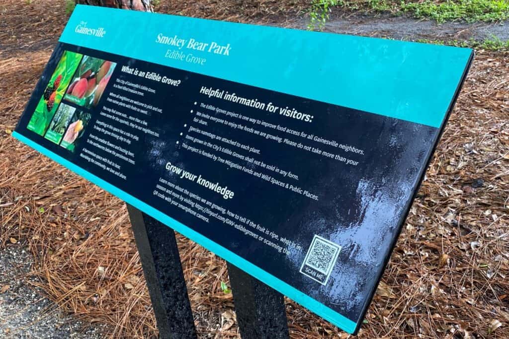 Information about the Edible Groves is displayed at each location with a QR code that leads to the program website.