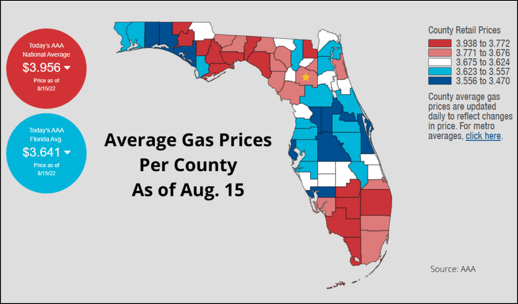 Map of average gas prices per county in Florida from Aug. 15