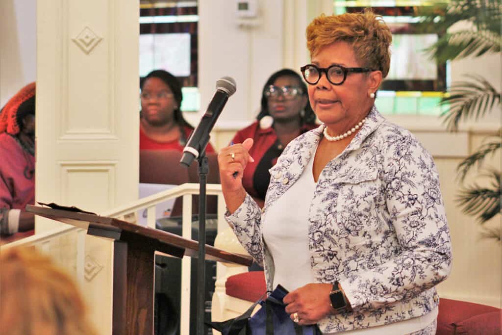 Gainesville City Commissioner speaks at a zoning town hall meeting she sponsored on Aug. 8.