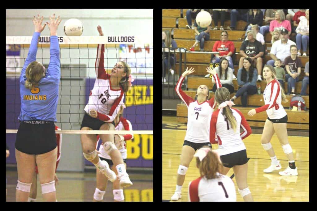 Dixie County volleyball Anna Ellison (10) and Peyton Hatcher (7)