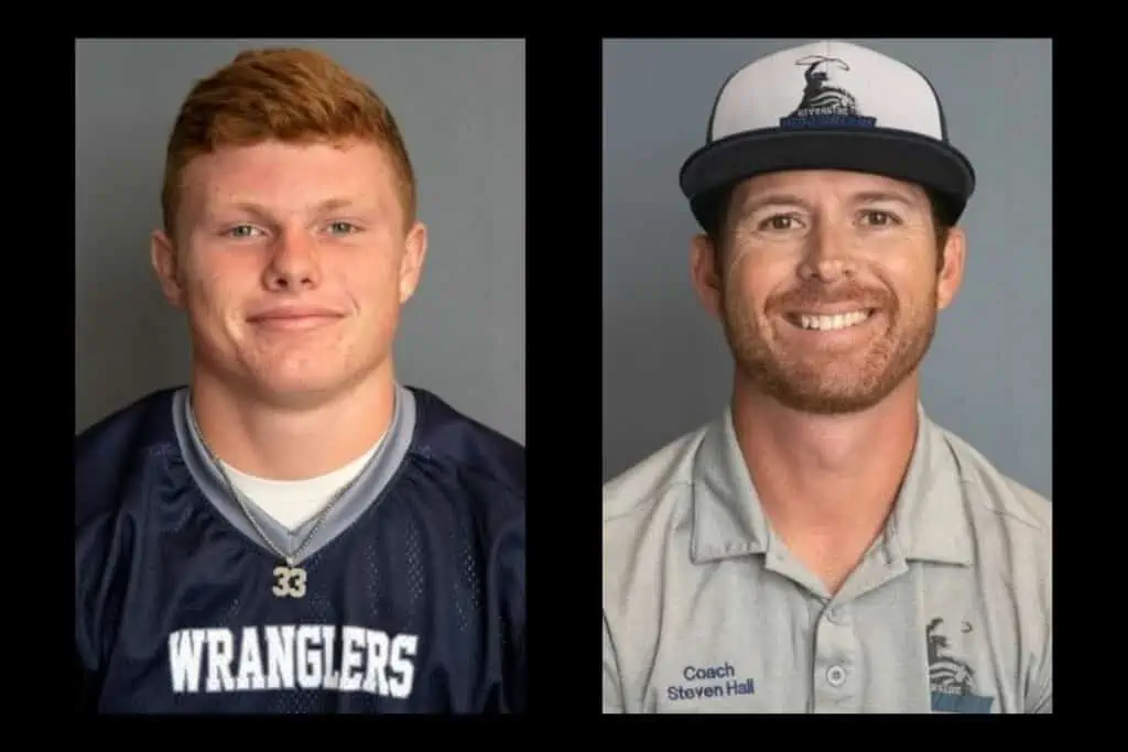 Riverside Christian football Carter Hodge (left) and coach Steven Hall