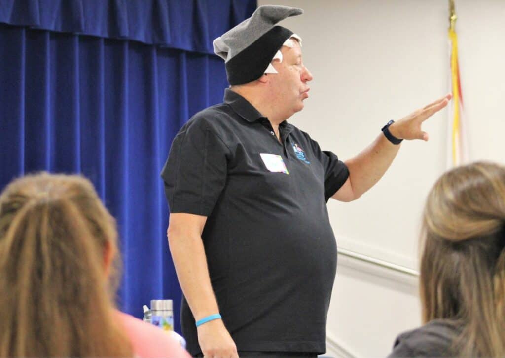 Stephen Daley, founder of radKIDS, in a shark hat.