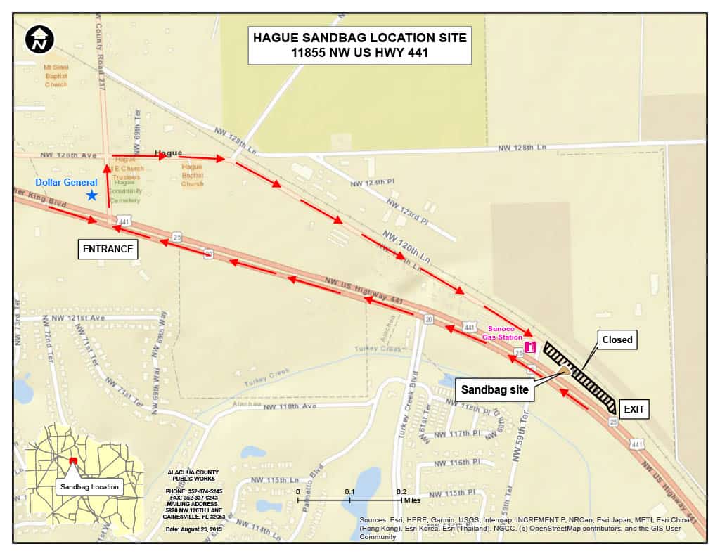 A map with driving directions to the Alachua County sandbag site
