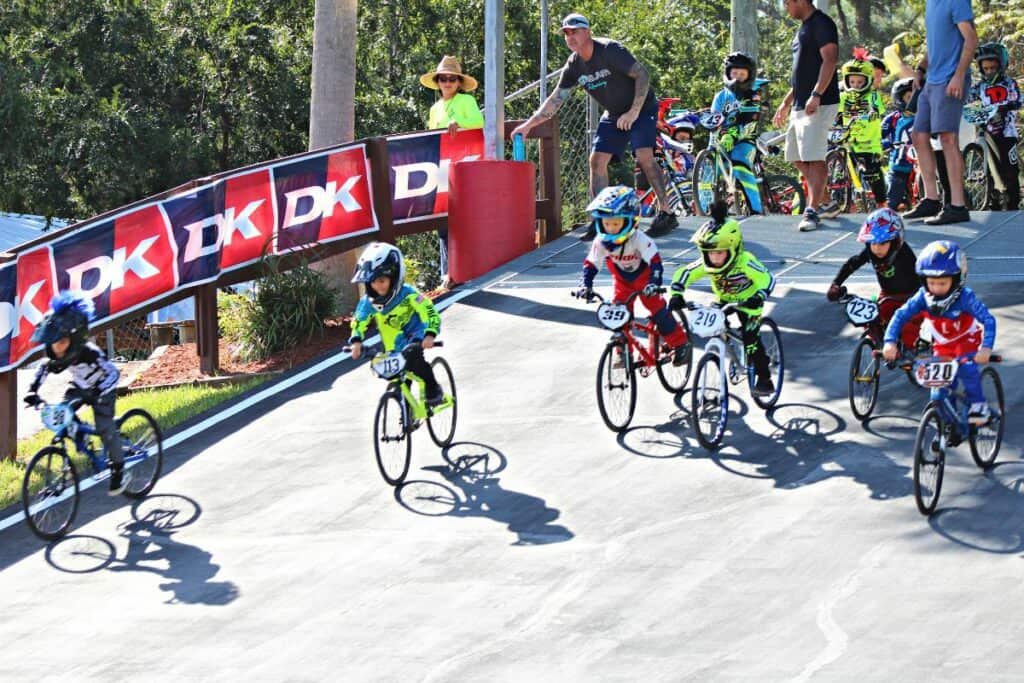 Racers leaving the starting gate at the USABMX Southeast Region Gold Cup Championships in High Springs.