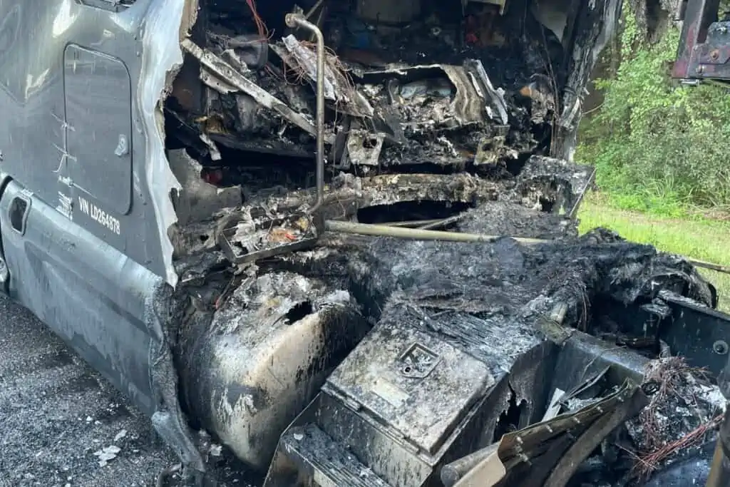 Semi cab following a fire along I-75