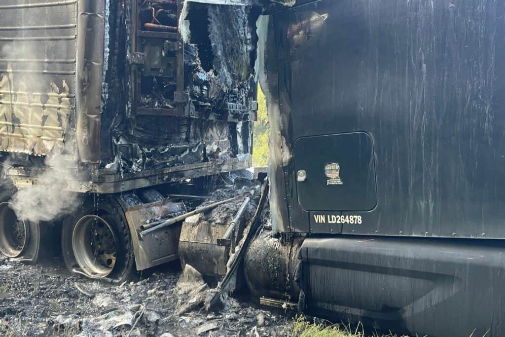 Tractor-trailer catches fire on I-75