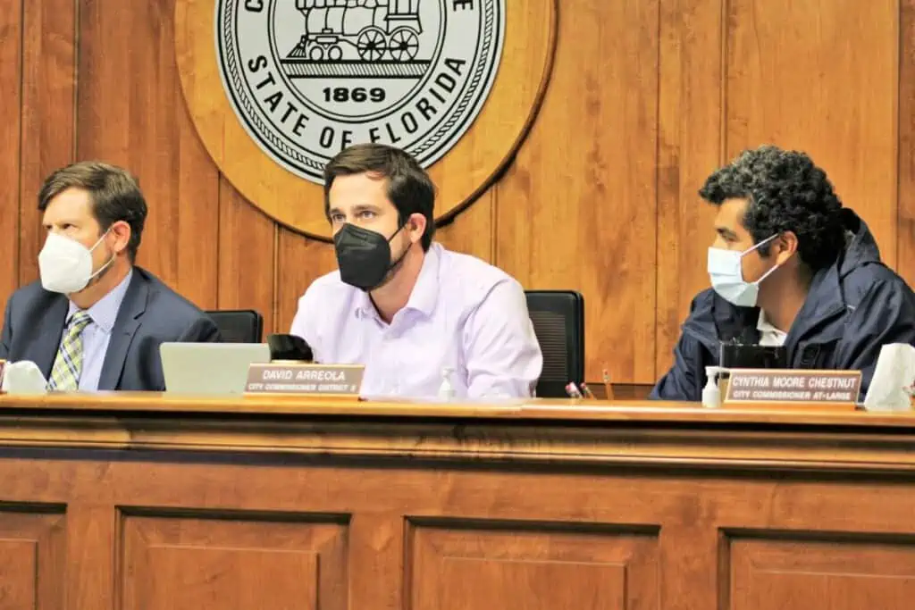 From left, Gainesville Mayor Lauren Poe and commissioners Adrian Hayes-Santos and David Arreola voted on Monday to eliminate single-family zoning.