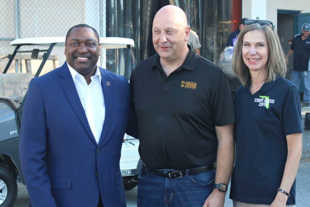 From left, SF College President Paul Broadie, Florida Gateway College President Larry Barrett and Florida Department of Education Chancellor Kathy Hebda on Monday at SF.