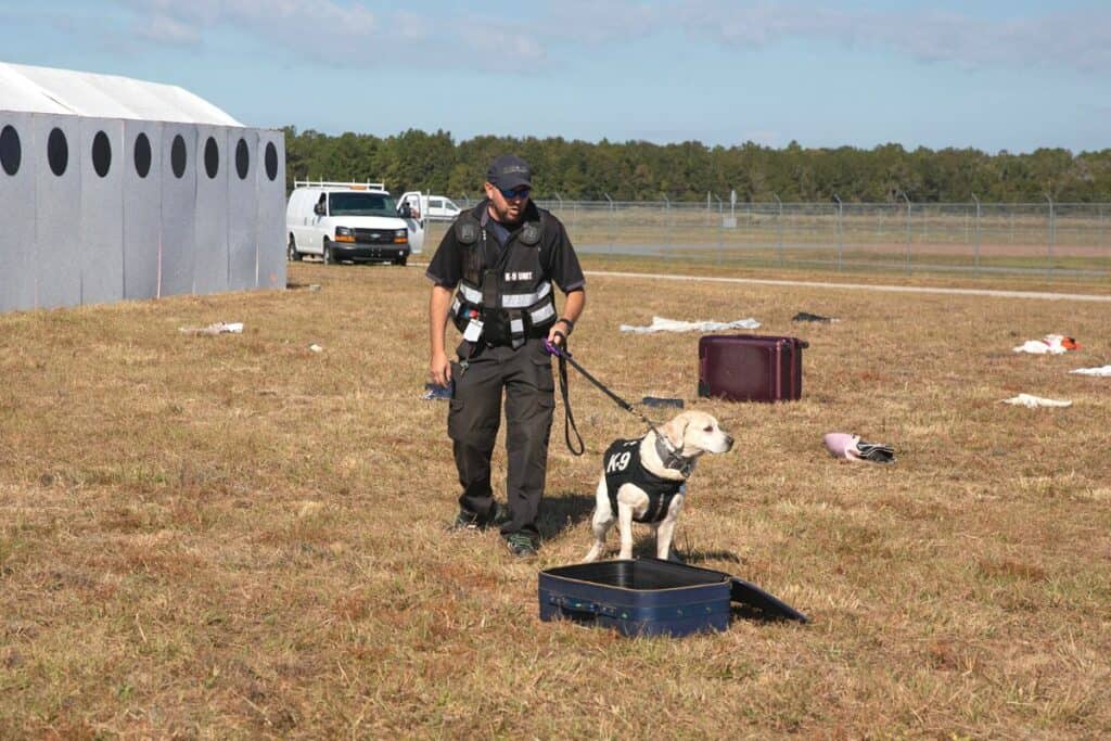 Gainesville Airport Security CoordinatorK9 Handler Jason Berger leads Beamer, a yellow Labrador Retriever, as she searches for traces of explosives.
