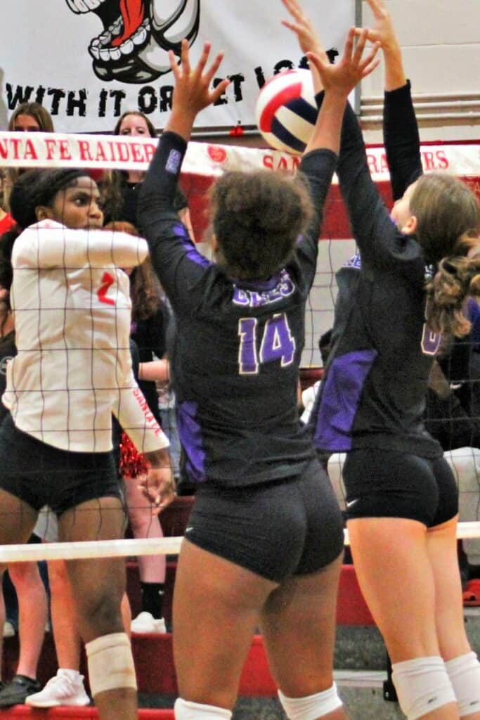 Santa Fe's Camille Johnson goes for a kill against Gainesville on Tuesday.