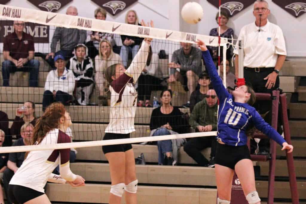 St. Francis's Gaby Rosado hits the ball against Oak Hall on Wednesday.
