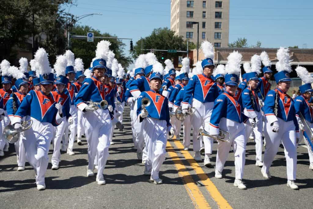 The UF Gator Marching Band at the UF Homecoming Parade on Friday.