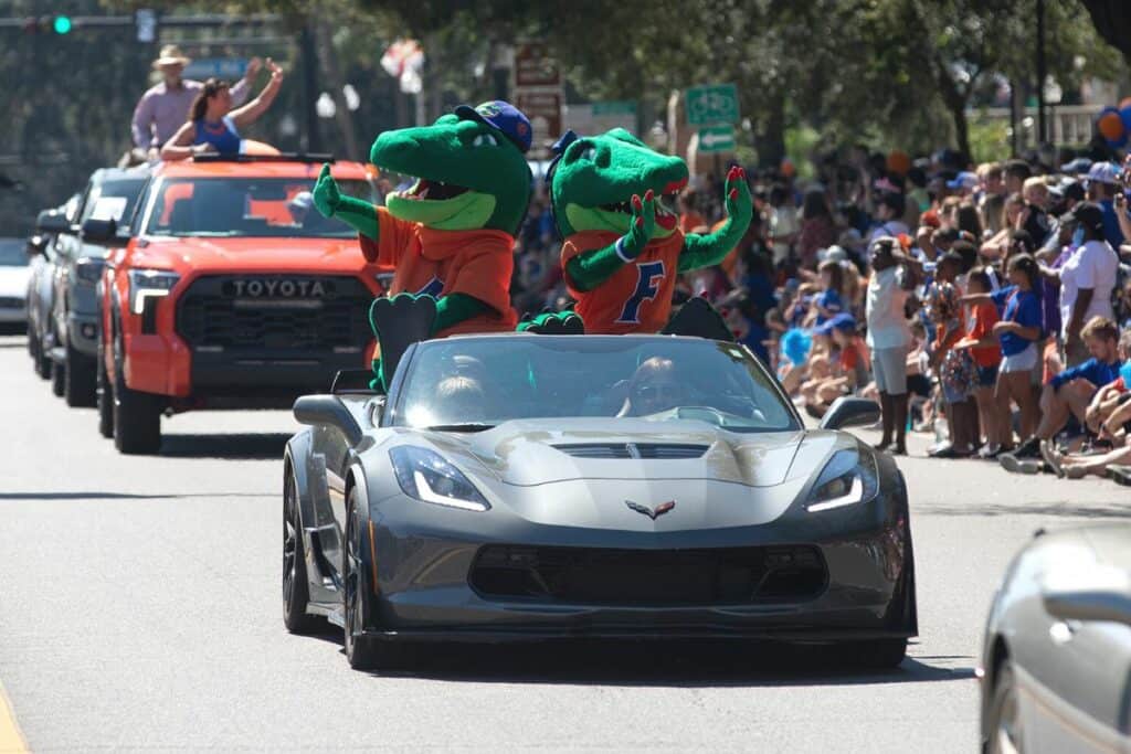 UF mascots Albert and Alberta Gator in the UF Homecoming Parade on Friday.