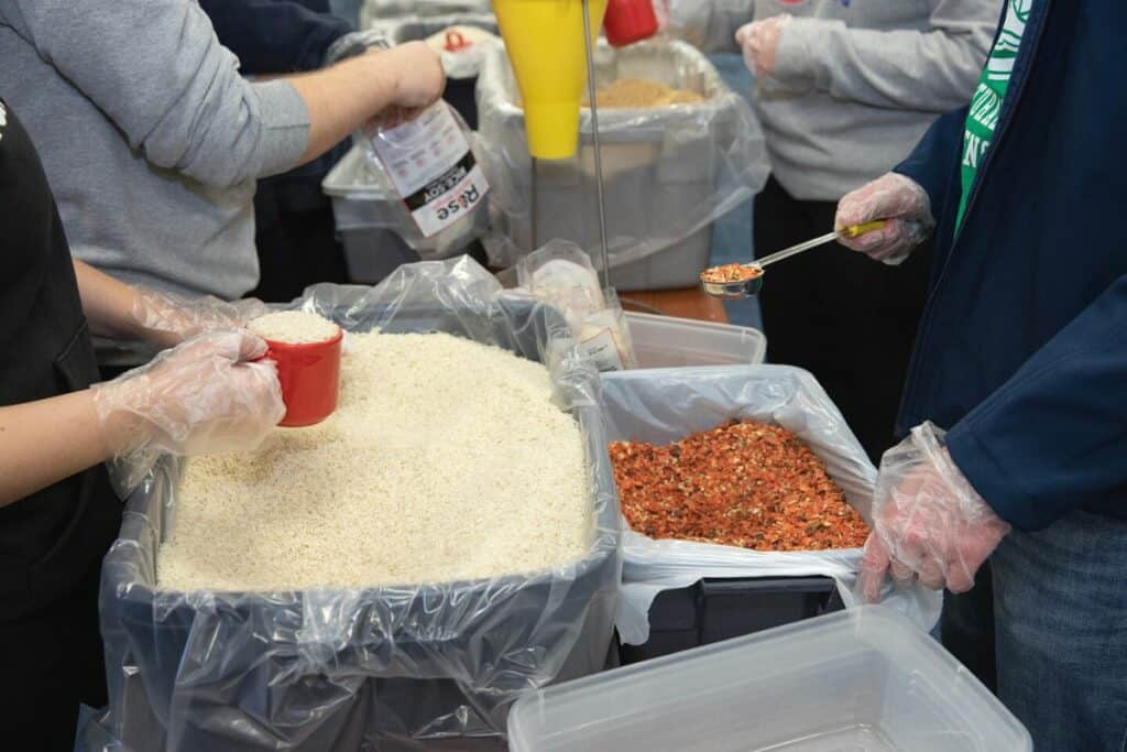 Each bagged meal contains rice and dehydrated vegetables, pictured, as well as soy and nutritional supplements.